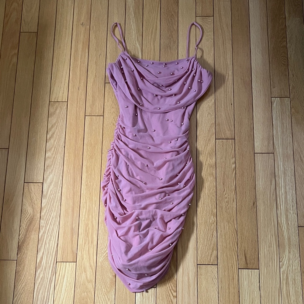 Pearl-Embellished Pink Ruched Mini Dress